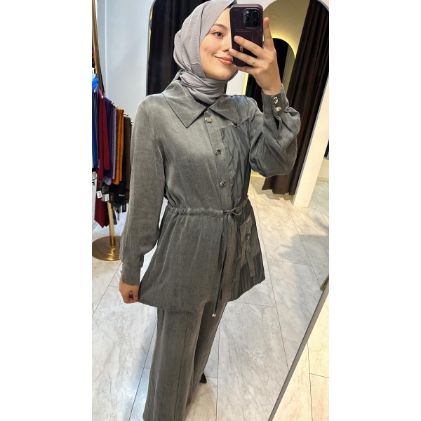 PARAŞÜT DETAY İPEK KUPRA PANTOLON TAKIM