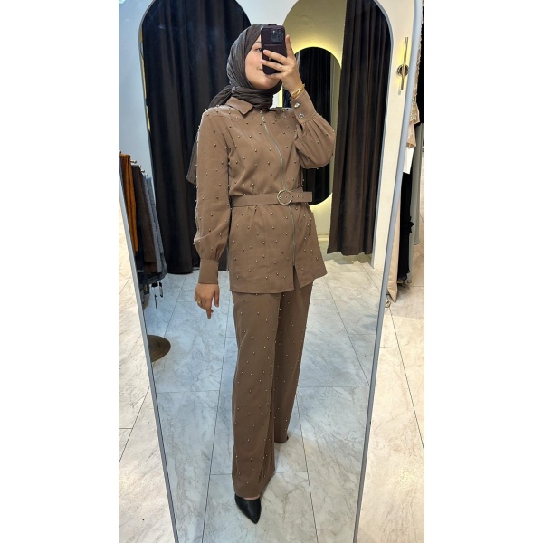 TAŞ İŞLEME TASARIM KUPRA PANTOLONLU TAKIM